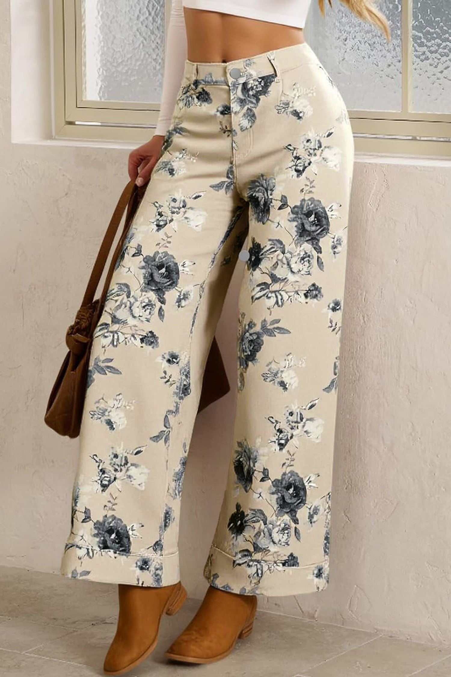Southern Belle Vintage Floral Denim for Women - High Waist Loose Jeans with Cuffed Hem - Detail View 2 Southern Belle Vintage Floral Denim for Women - High Waist Loose Jeans with Cuffed Hem - Detail View 2