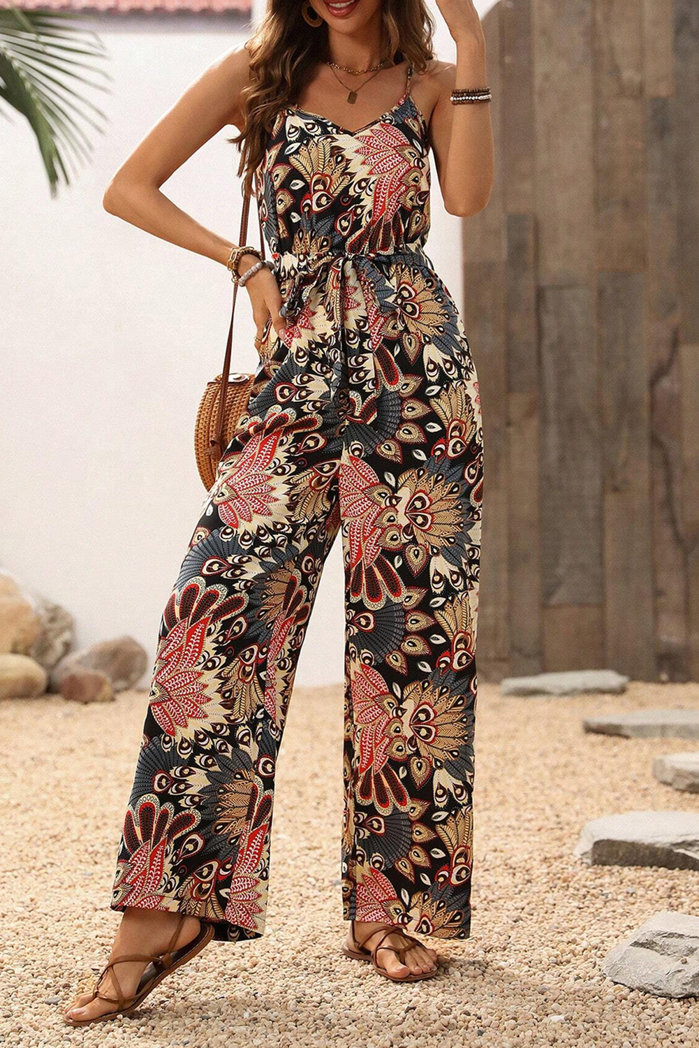 Women's Jumpsuit, Black Floral Print, Belted Jumpsuit, Sleeveless, Wide Leg, Casual Style, Summer Outfit, Trendy Fashion, Spaghetti Straps, High Waist, Comfortable Fit, Bohemian Style, Vacation Wear, Silhouette Shift - Detail View 8 Women's Jumpsuit, Black Floral Print, Belted Jumpsuit, Sleeveless, Wide Leg, Casual Style, Summer Outfit, Trendy Fashion, Spaghetti Straps, High Waist, Comfortable Fit, Bohemian Style, Vacation Wear, Silhouette Shift - Detail View 8