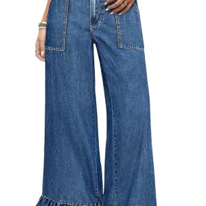 Women's Sail Blue Plus Size Wide Leg Denim Pants – Ruffled, Casual Spring Style - Main View