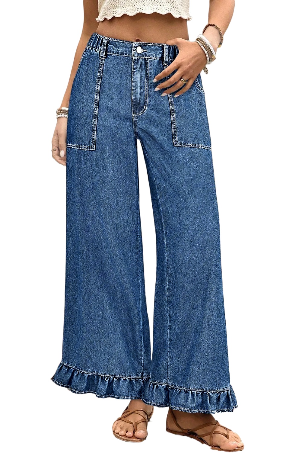 Women's Sail Blue Plus Size Wide Leg Denim Pants – Ruffled, Casual Spring Style - Main View Women's Sail Blue Plus Size Wide Leg Denim Pants – Ruffled, Casual Spring Style - Main View