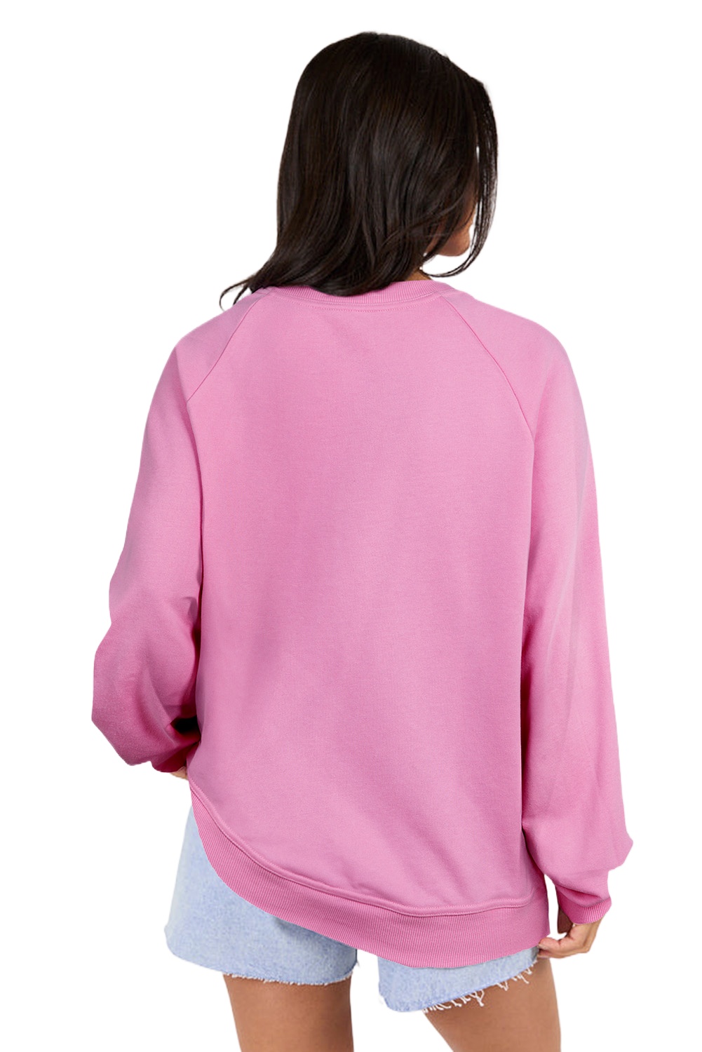 Women's Bright Pink Lace Patched Raglan Sleeve Loose Fit Sweatshirt - Main View Women's Bright Pink Lace Patched Raglan Sleeve Loose Fit Sweatshirt - Main View