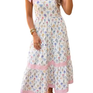 Women's Floral Tie Strap Maxi Dress – Summer Vacation A-Line - Main View