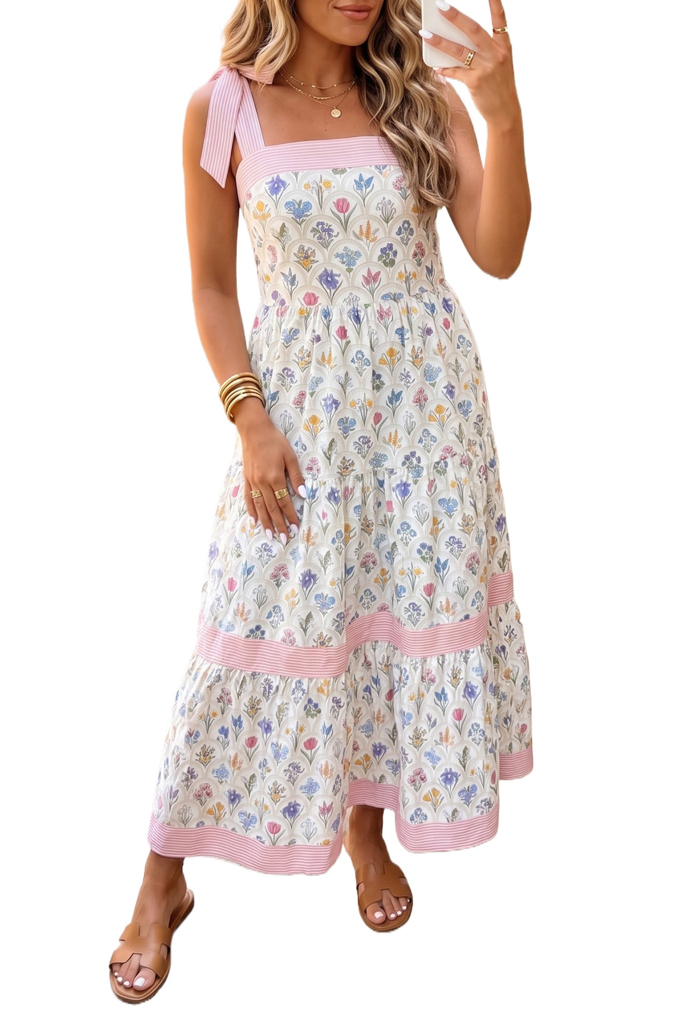 Women's Floral Tie Strap Maxi Dress – Summer Vacation A-Line - Main View Women's Floral Tie Strap Maxi Dress – Summer Vacation A-Line - Main View