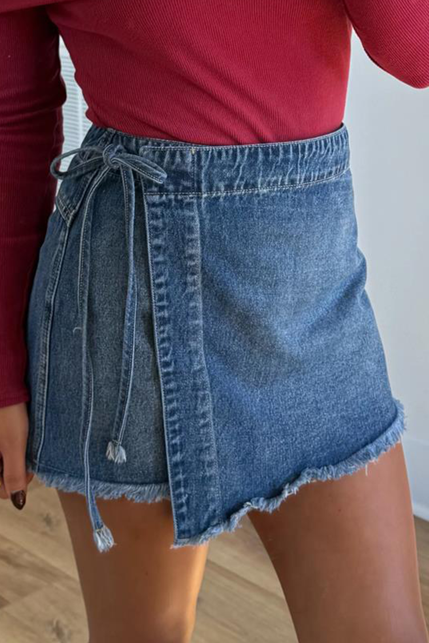 Southern Belle Women's Denim Skort – Ashleigh Blue Tied Waist High Rise Skirt Shorts for Vacation - Detail View 6 Southern Belle Women's Denim Skort – Ashleigh Blue Tied Waist High Rise Skirt Shorts for Vacation - Detail View 6