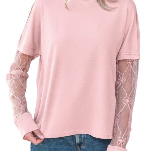 Women's Light Pink Bow Textured Long Sleeve Tee – Casual Spring Style for Daily Wear - Main View