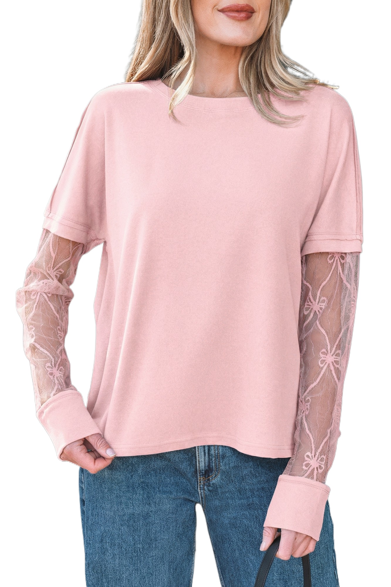 Women's Light Pink Bow Textured Long Sleeve Tee – Casual Spring Style for Daily Wear - Main View Women's Light Pink Bow Textured Long Sleeve Tee – Casual Spring Style for Daily Wear - Main View