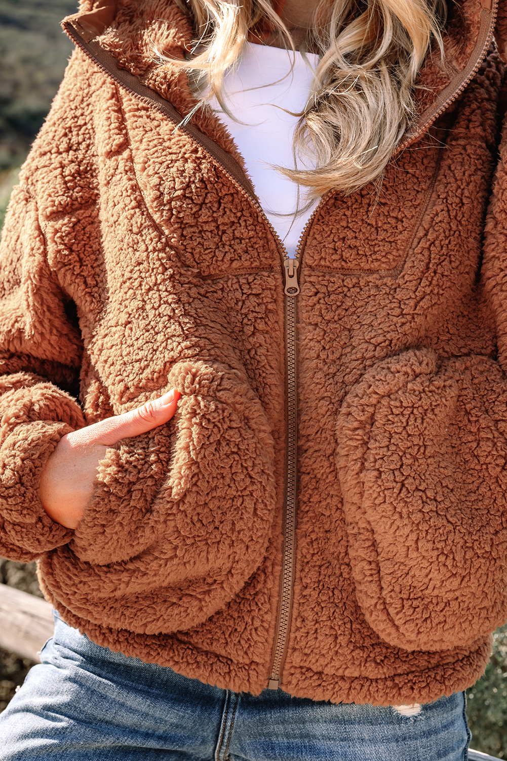 Casual Women's Hooded Sherpa Jacket in Straw Yellow for Winter Days - Detail View 8 Casual Women's Hooded Sherpa Jacket in Straw Yellow for Winter Days - Detail View 8
