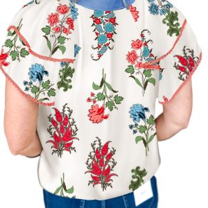 Women's White Floral Print Contrast V Neck Blouse with Tassel Tie and Lace Detail - Main View
