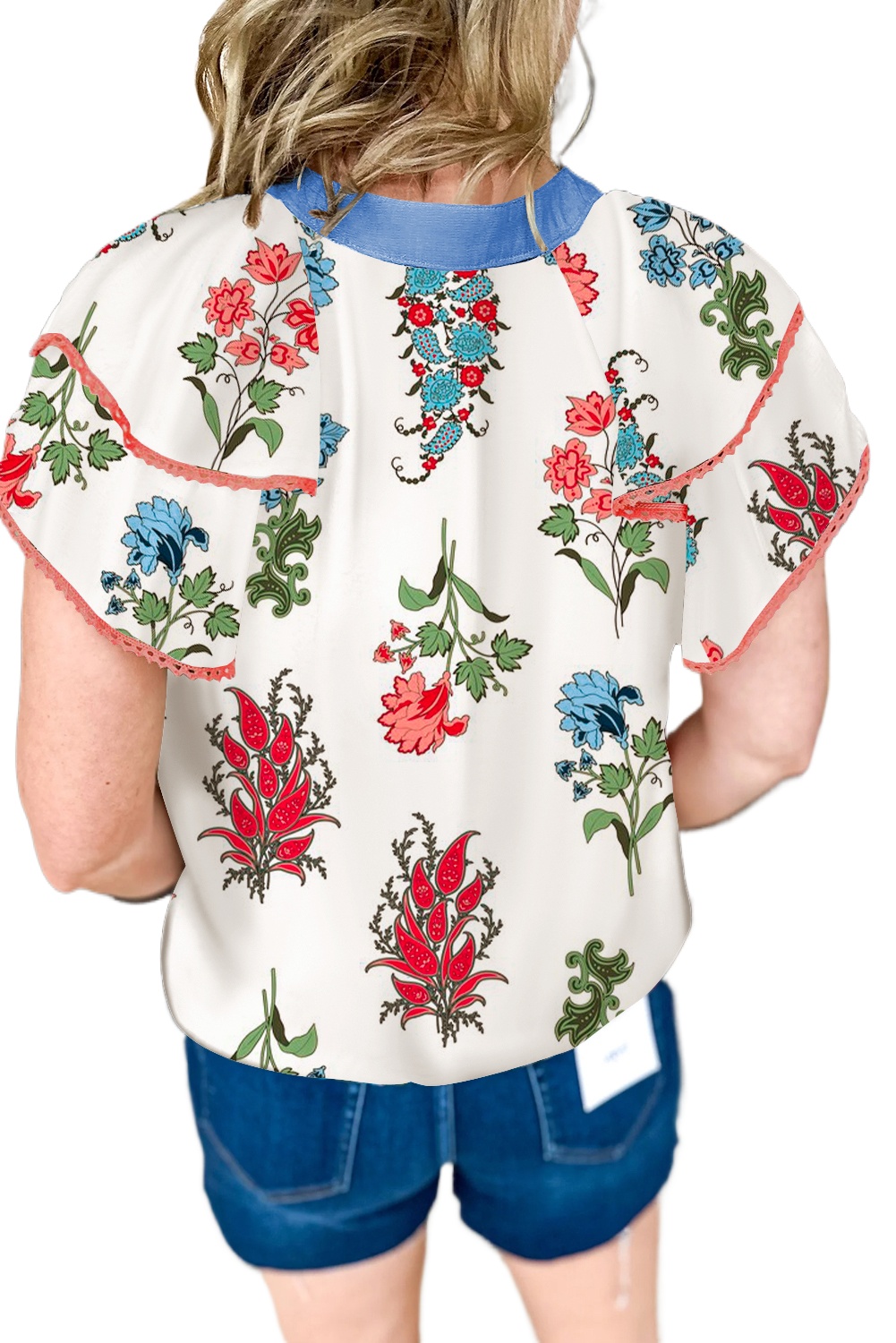 Women's White Floral Print Contrast V Neck Blouse with Tassel Tie and Lace Detail - Main View Women's White Floral Print Contrast V Neck Blouse with Tassel Tie and Lace Detail - Main View