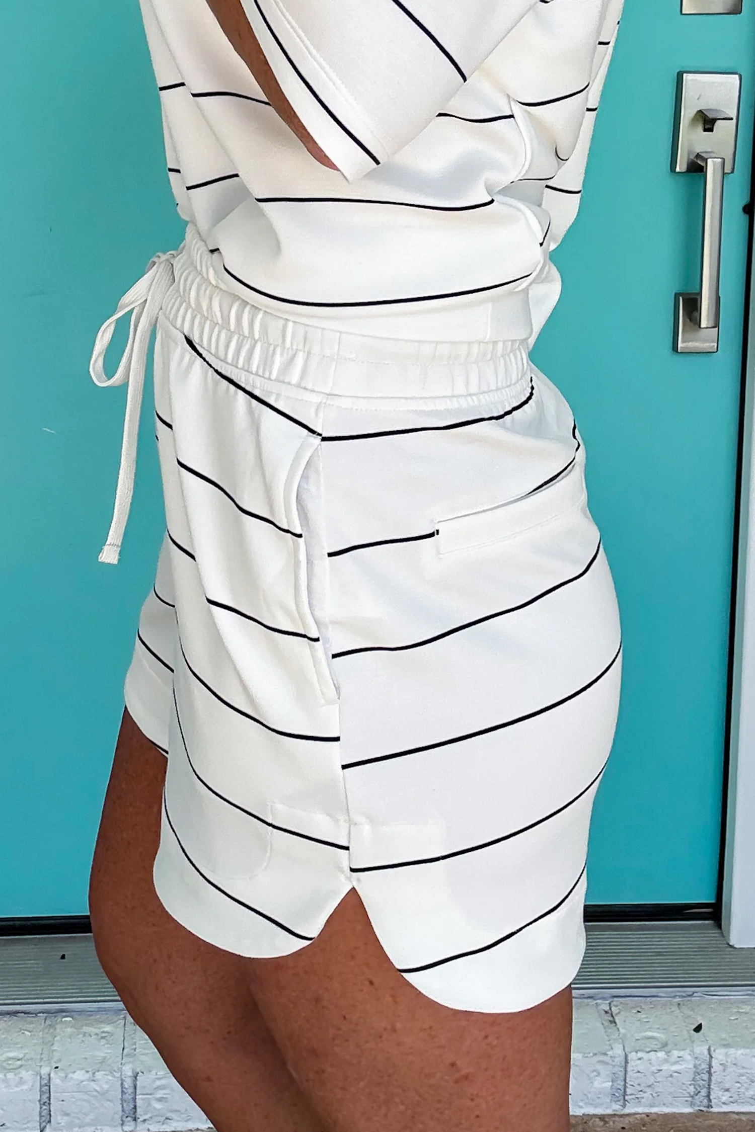 Casual Striped Summer Lounge Set for Women – Short Sleeve Top and Pocketed Shorts with Drawstring Waist - Detail View 2 Casual Striped Summer Lounge Set for Women – Short Sleeve Top and Pocketed Shorts with Drawstring Waist - Detail View 2