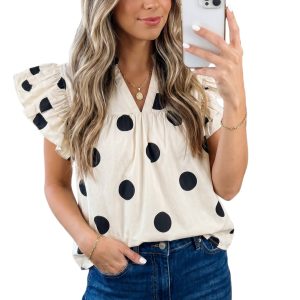 Women's Polka Dot V-Neck Blouse – Casual Ruffle Short Sleeve Shift Top, Apricot Summer Shirt - Main View