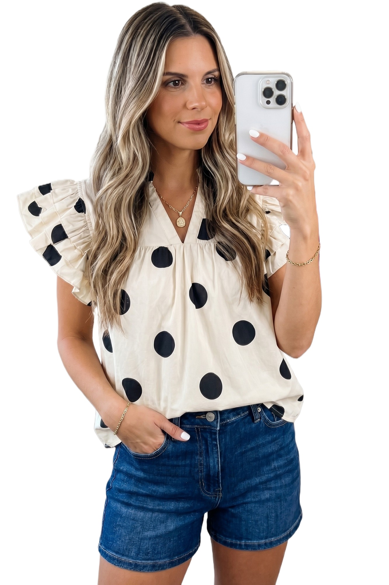 Women's Polka Dot V-Neck Blouse – Casual Ruffle Short Sleeve Shift Top, Apricot Summer Shirt - Main View Women's Polka Dot V-Neck Blouse – Casual Ruffle Short Sleeve Shift Top, Apricot Summer Shirt - Main View