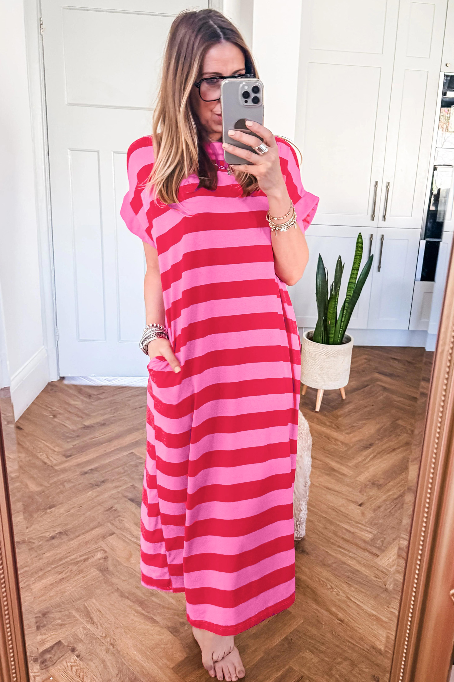 Women's Rose Stripe Maxi Dress – Casual Short Sleeve Tee Style - Detail View 7 Women's Rose Stripe Maxi Dress – Casual Short Sleeve Tee Style - Detail View 7