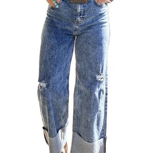 Women's Ashleigh Blue Mineral Wash Distressed Wide Leg Jeans with Bottom Cuff - Main View