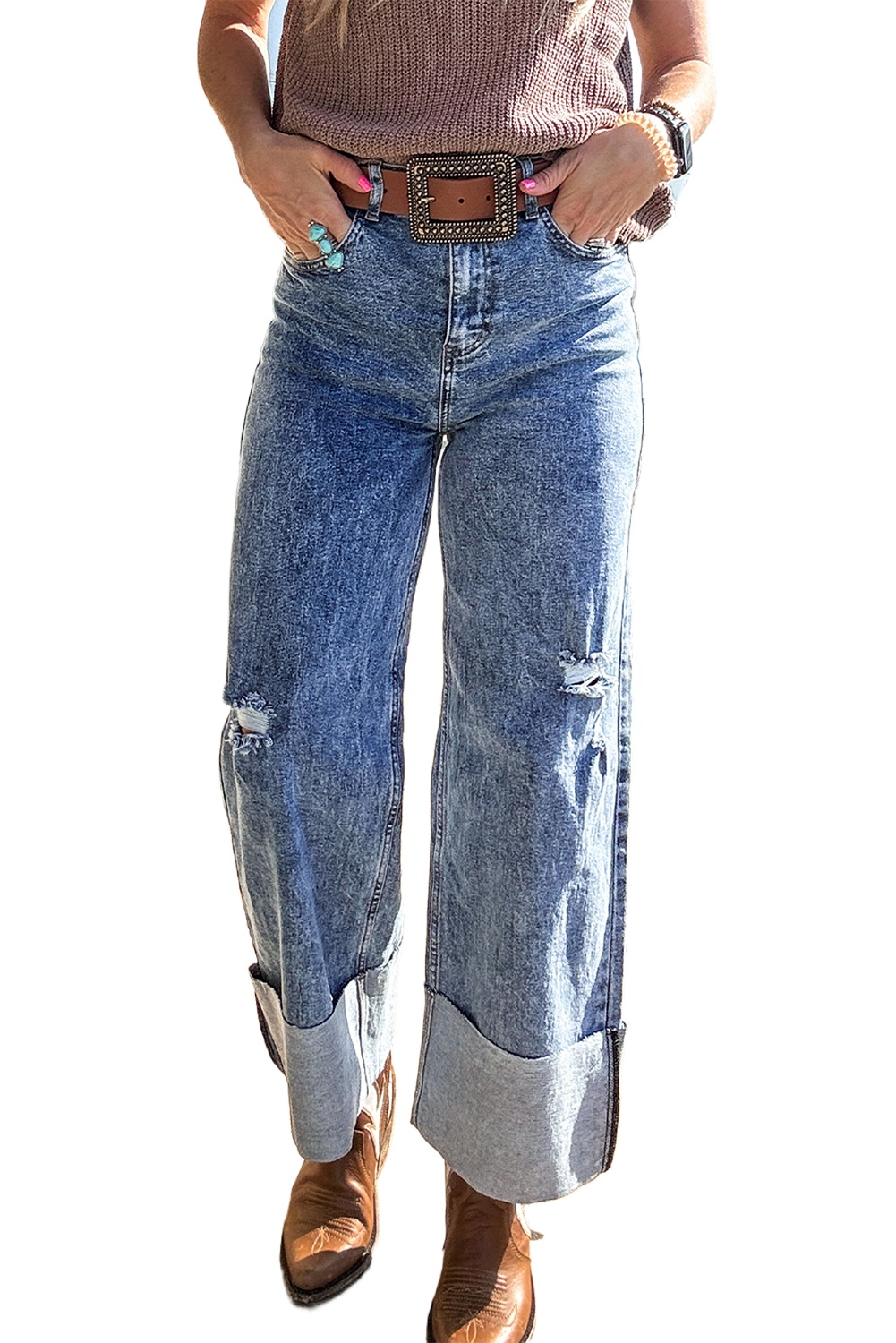 Women's Ashleigh Blue Mineral Wash Distressed Wide Leg Jeans with Bottom Cuff - Main View Women's Ashleigh Blue Mineral Wash Distressed Wide Leg Jeans with Bottom Cuff - Main View