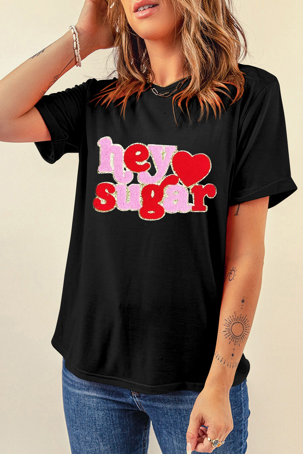 Women's Graphic Tee, Black T-Shirt, Chenille Heart Patches, Hey Sugar, Casual Style, Valentine's Day, Short Sleeve, Crew Neck, Relaxed Fit, Comfortable Wear, Lightweight Fabric, Holiday Apparel, Everyday Fashion - Detail View 4 Women's Graphic Tee, Black T-Shirt, Chenille Heart Patches, Hey Sugar, Casual Style, Valentine's Day, Short Sleeve, Crew Neck, Relaxed Fit, Comfortable Wear, Lightweight Fabric, Holiday Apparel, Everyday Fashion - Detail View 4