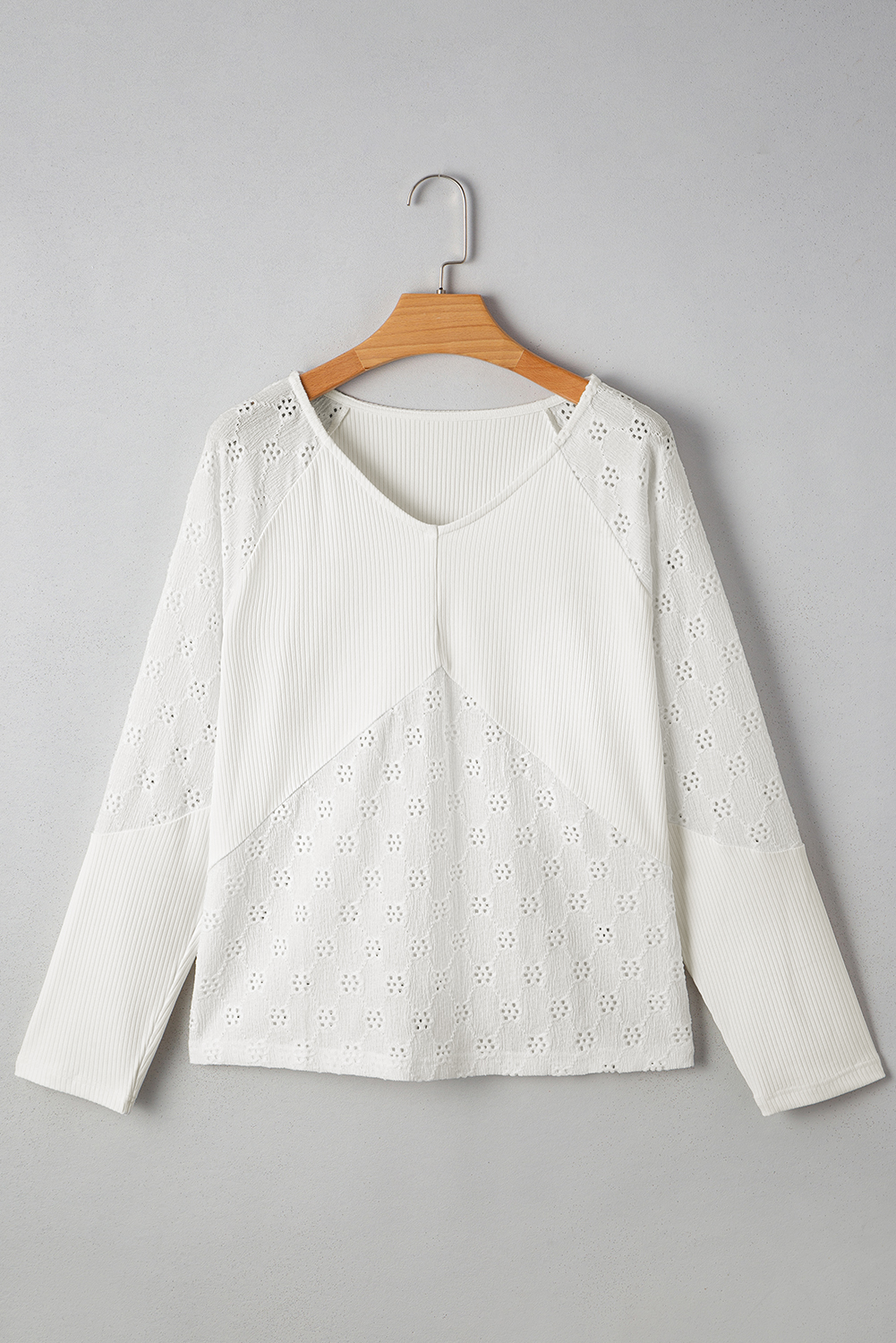 Casual White Long Sleeve Top with Unique Patchwork Embroidery Design - Detail View 10 Casual White Long Sleeve Top with Unique Patchwork Embroidery Design - Detail View 10
