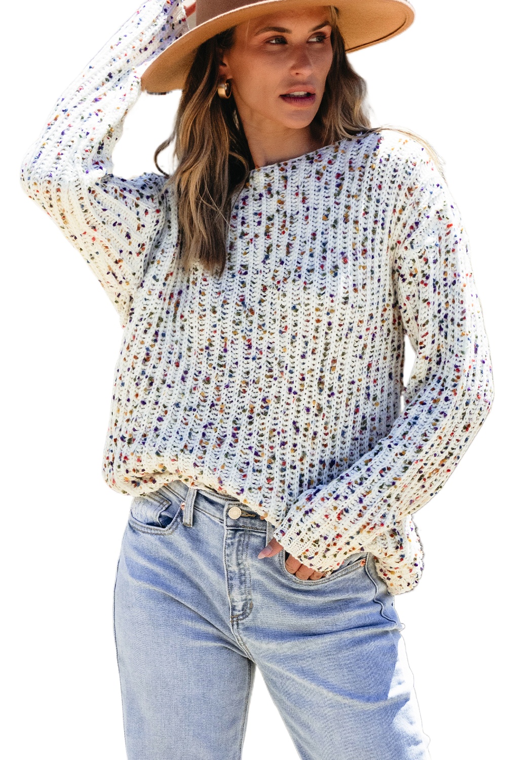 Women's White Confetti Reversible Twist Sweater - Versatile and Stylish - Main View Women's White Confetti Reversible Twist Sweater - Versatile and Stylish - Main View