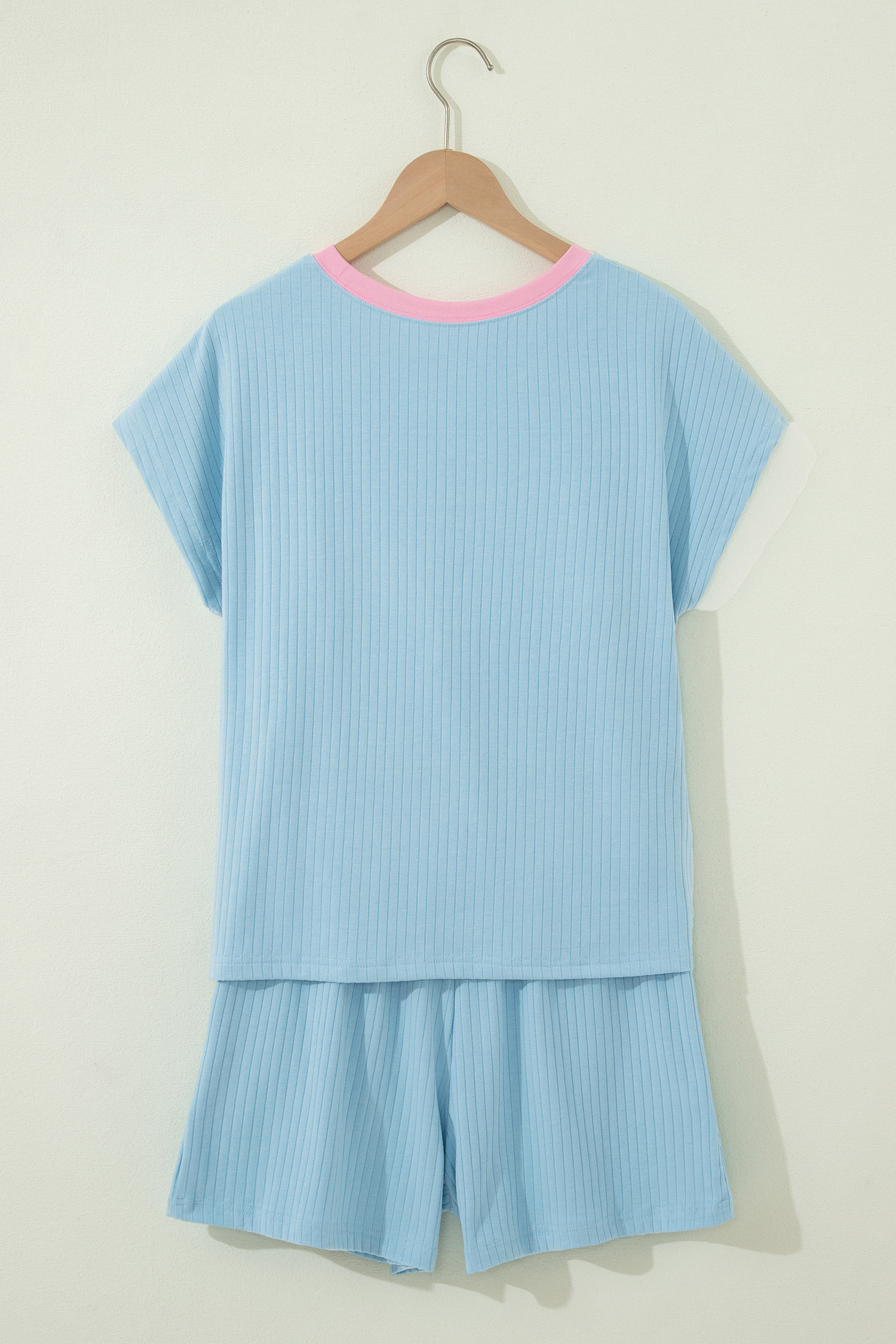 Chic Women's Pastel Short Set – Contrast Trim Ribbed Two-Piece Loungewear Gift for Her - Detail View 3 Chic Women's Pastel Short Set – Contrast Trim Ribbed Two-Piece Loungewear Gift for Her - Detail View 3