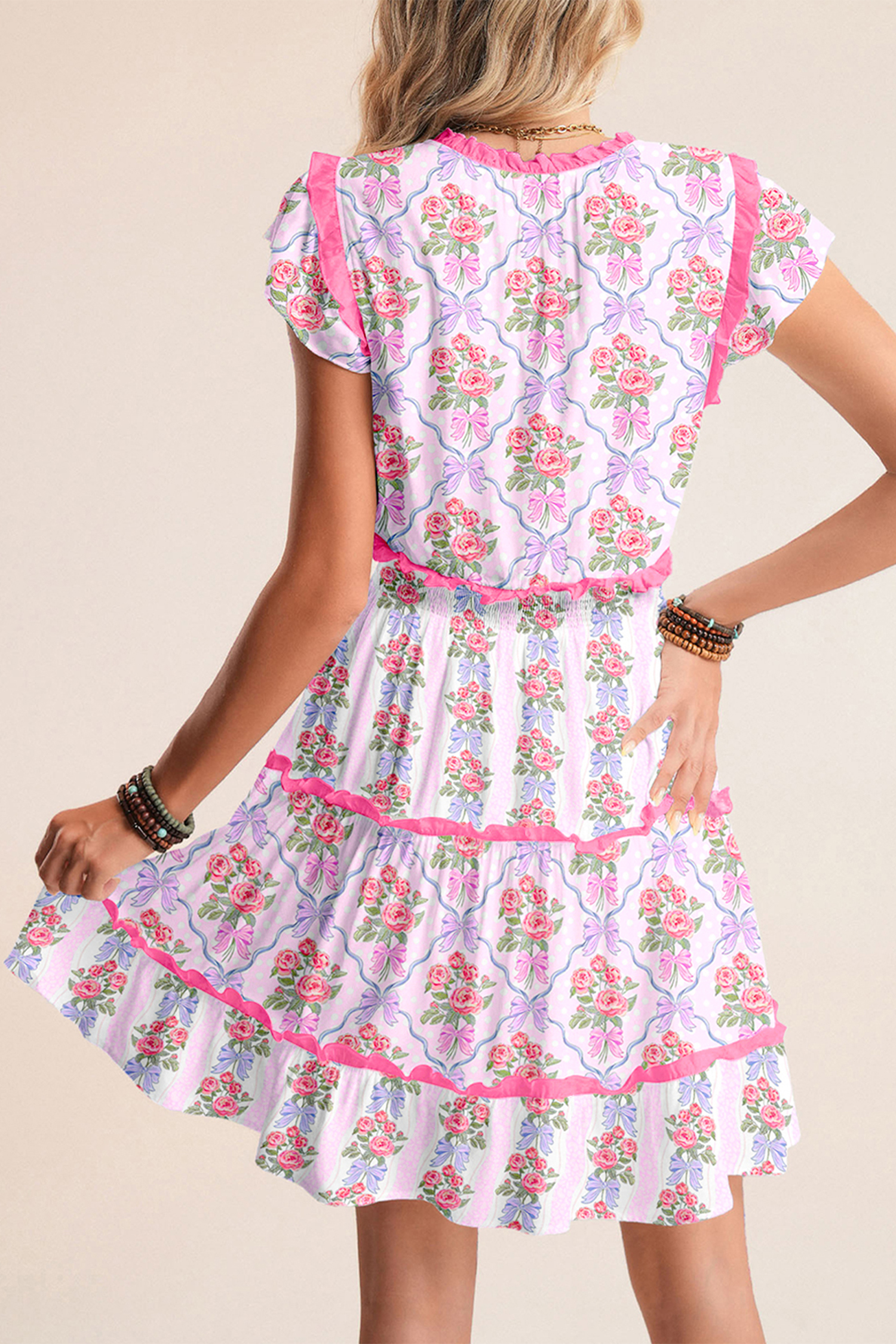 Elegant Floral Summer Mini Dress for Women – Sleeveless Tiered Ruffle A-Line Dress - Detail View 2 Elegant Floral Summer Mini Dress for Women – Sleeveless Tiered Ruffle A-Line Dress - Detail View 2