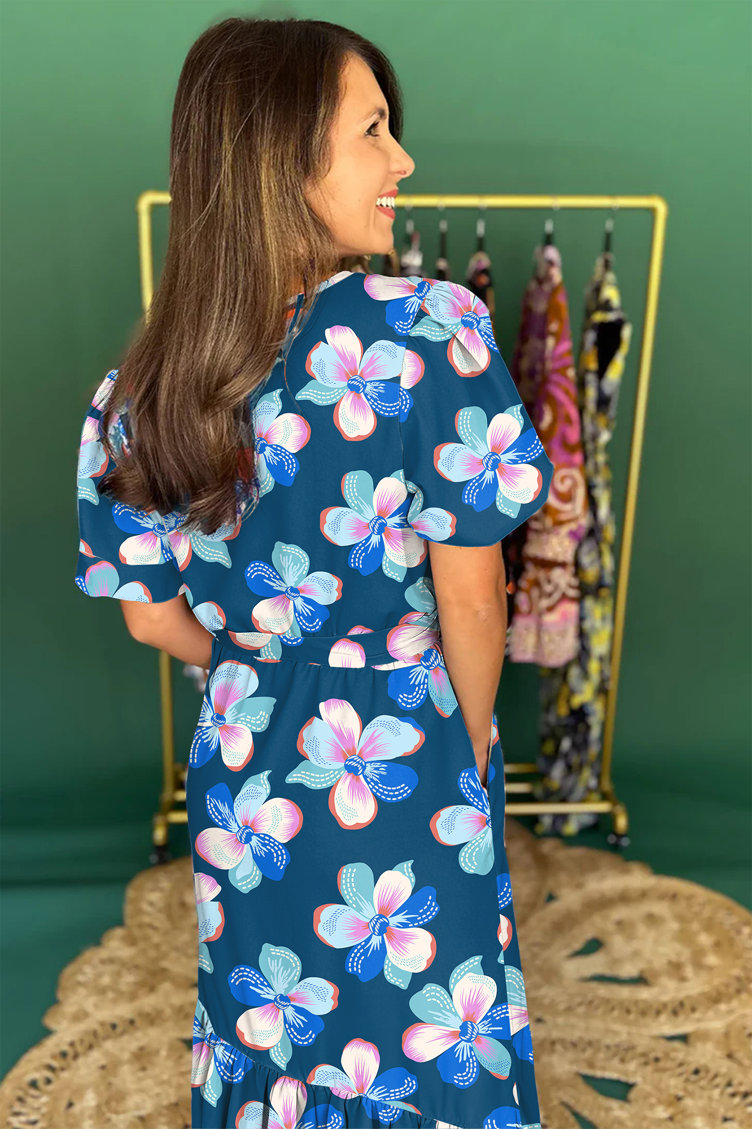 Elegant A-Line Floral Dress for Women – Summer Long Dress with Ruffle Hem and Puff Sleeves - Detail View 3 Elegant A-Line Floral Dress for Women – Summer Long Dress with Ruffle Hem and Puff Sleeves - Detail View 3