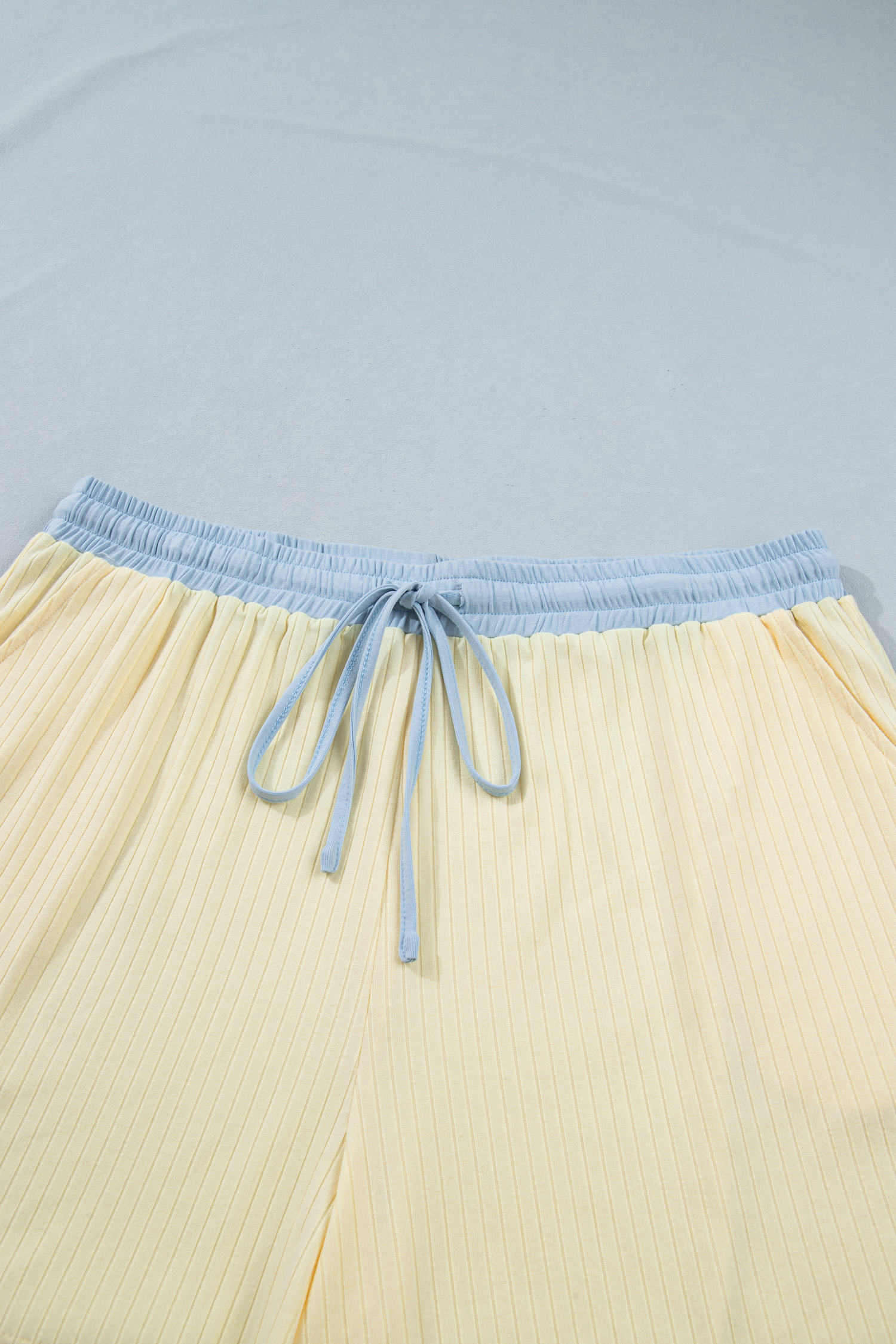 Plus Size Women's Casual Ribbed Short Set – Yellow Cream Drawstring Top & Shorts for Summer Comfort - Detail View 8 Plus Size Women's Casual Ribbed Short Set – Yellow Cream Drawstring Top & Shorts for Summer Comfort - Detail View 8