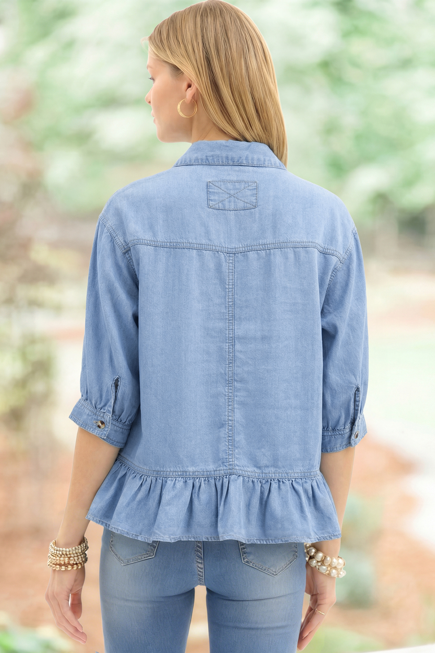 Casual Women's Beau Blue High Low Chambray Shirt with Ruffles – Perfect for Everyday Style - Detail View 3 Casual Women's Beau Blue High Low Chambray Shirt with Ruffles – Perfect for Everyday Style - Detail View 3