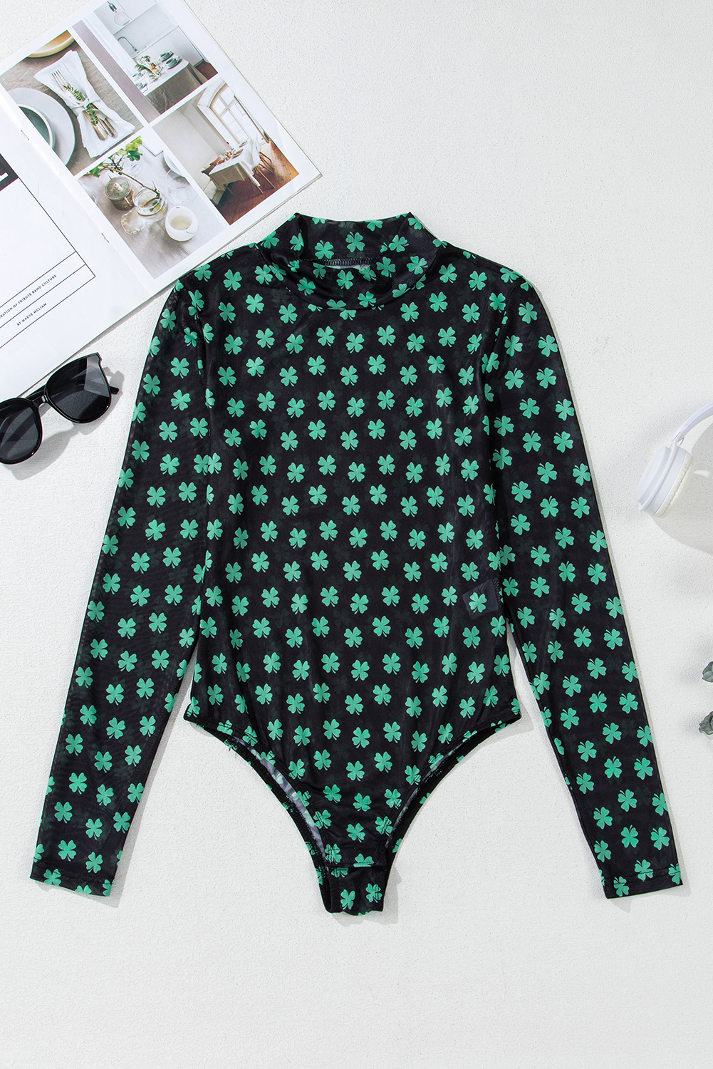 Women's Bodysuit, Green, Shamrock Print, St. Patrick's Day, Long Sleeve, Mesh Fabric, Breathable, Snap Closure, Daily Wear, Casual Style, Feminine, Spring Fashion, Comfortable Fit, Sheath Silhouette - Detail View 8 Women's Bodysuit, Green, Shamrock Print, St. Patrick's Day, Long Sleeve, Mesh Fabric, Breathable, Snap Closure, Daily Wear, Casual Style, Feminine, Spring Fashion, Comfortable Fit, Sheath Silhouette - Detail View 8