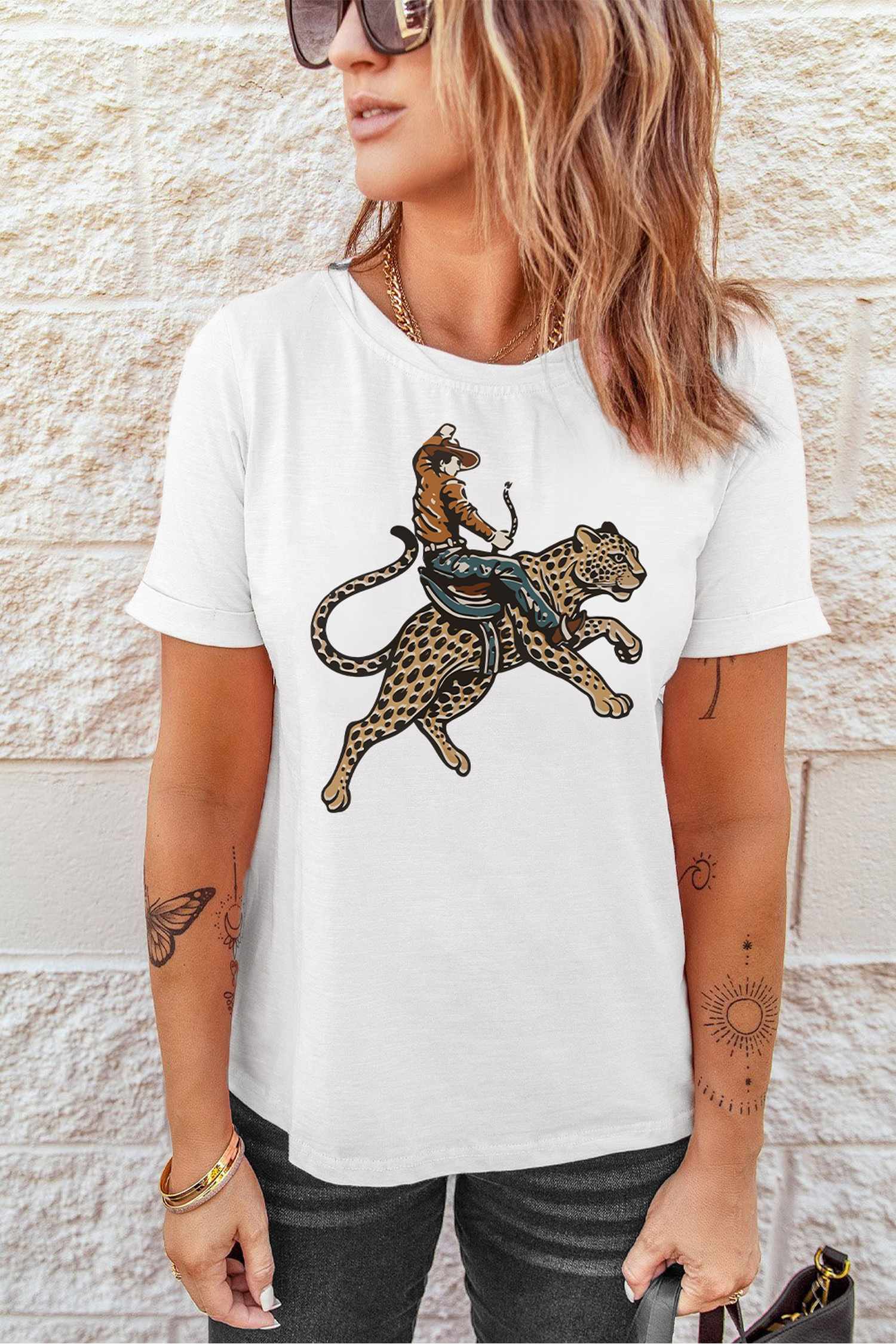 Women's Cowboy Graphic Tee, Casual White Short Sleeve Top - Detail View 7 Women's Cowboy Graphic Tee, Casual White Short Sleeve Top - Detail View 7