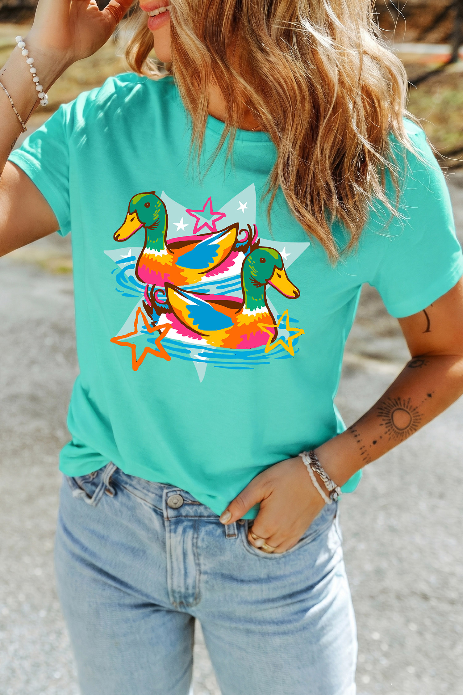 Western Print Duck Graphic Tee, Casual Mint Green Summer Top - Detail View 8 Western Print Duck Graphic Tee, Casual Mint Green Summer Top - Detail View 8