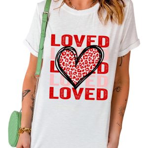 Women's White Leopard Heart LOVE Printed Graphic Tee for Valentine's Day - Main View