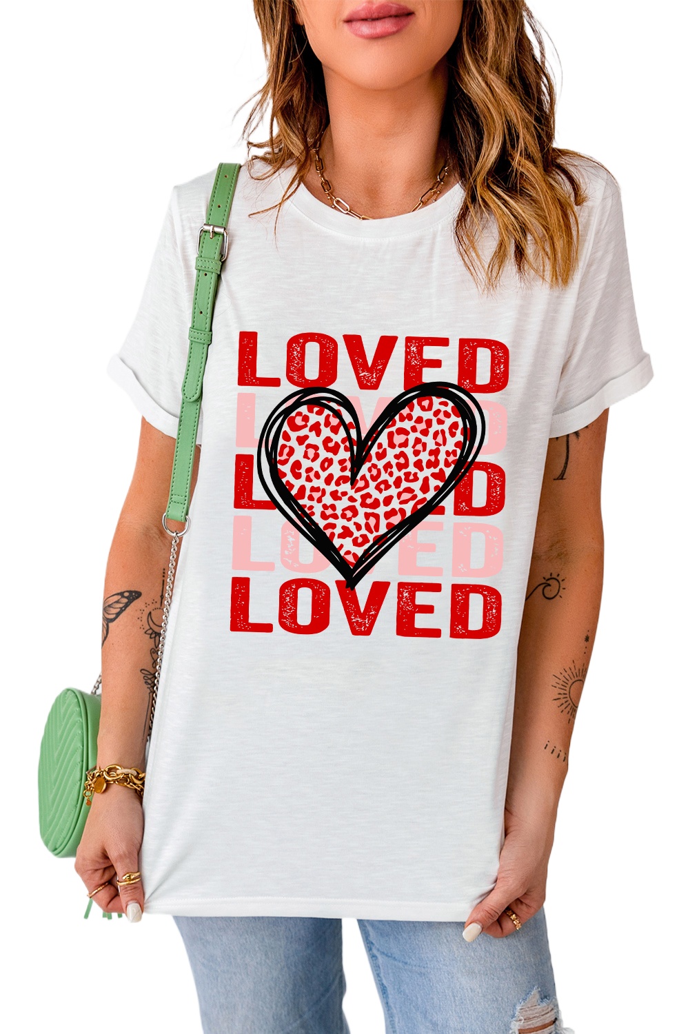 Women's White Leopard Heart LOVE Printed Graphic Tee for Valentine's Day - Main View Women's White Leopard Heart LOVE Printed Graphic Tee for Valentine's Day - Main View