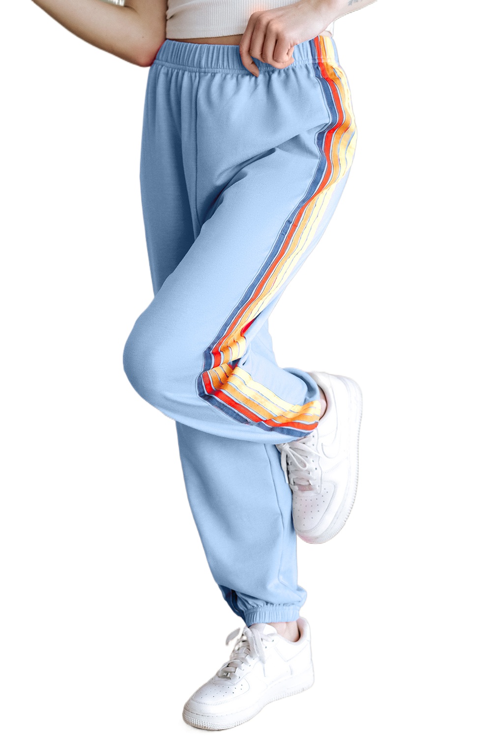 Women's Light Blue High Waist Sweatpants with Rainbow Stripes - Main View Women's Light Blue High Waist Sweatpants with Rainbow Stripes - Main View