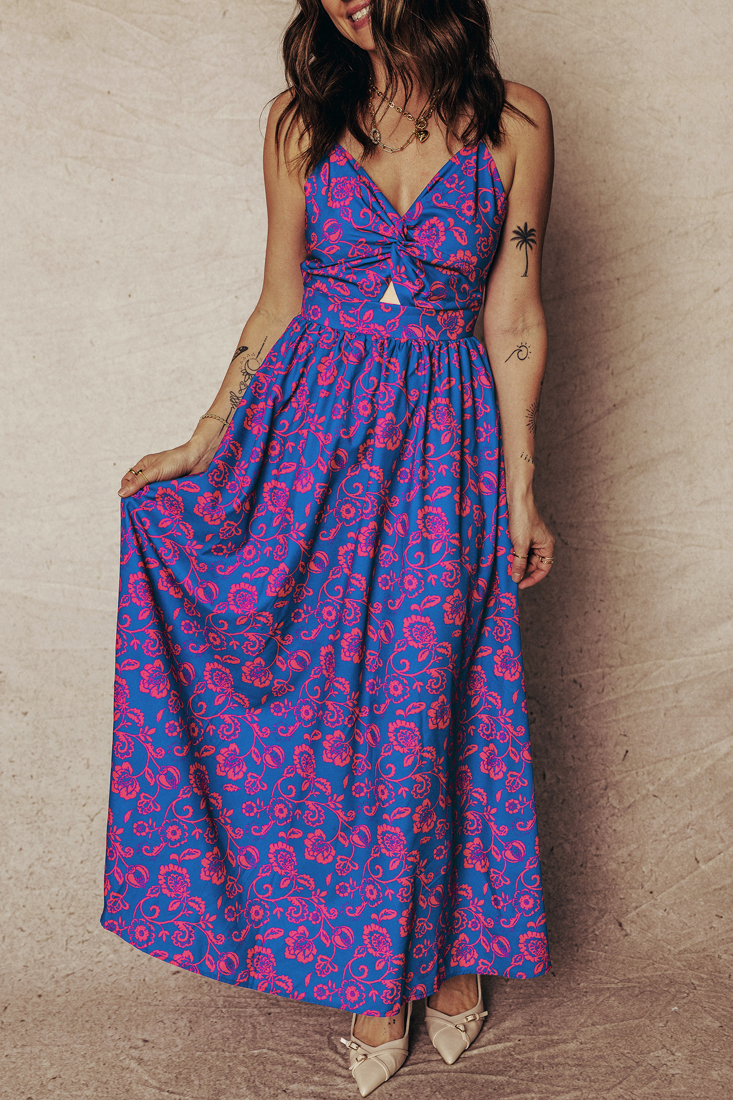 Women's Blue Floral Print Maxi Dress – Twisted V Neck with Tied Back for Summer Occasions - Detail View 7 Women's Blue Floral Print Maxi Dress – Twisted V Neck with Tied Back for Summer Occasions - Detail View 7
