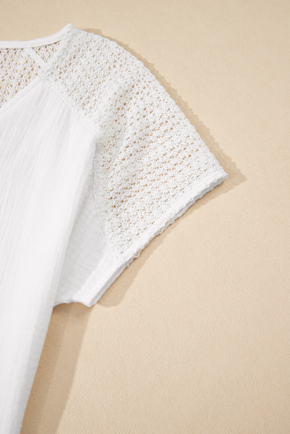Women's White Lace Crochet Textured Button Back V Neck T-Shirt for Casual and Vacation Wear - Detail View 9 Women's White Lace Crochet Textured Button Back V Neck T-Shirt for Casual and Vacation Wear - Detail View 9