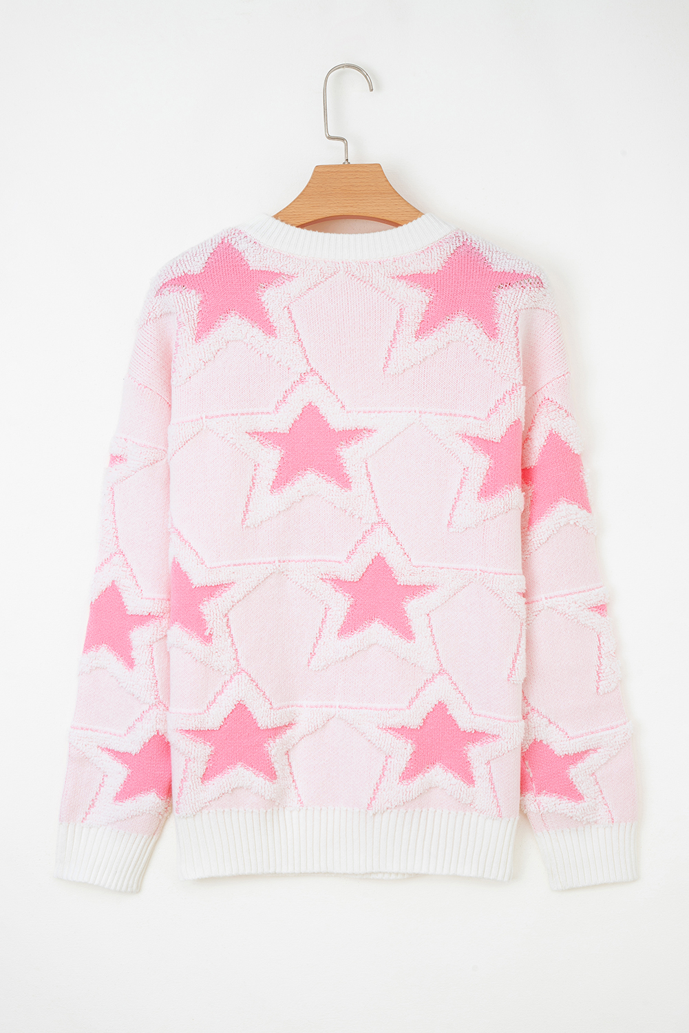 Chic Sachet Pink Ribbed Edge Sweater with Star Print – Perfect for Southern Belle Casual Outfits - Detail View 8 Chic Sachet Pink Ribbed Edge Sweater with Star Print – Perfect for Southern Belle Casual Outfits - Detail View 8