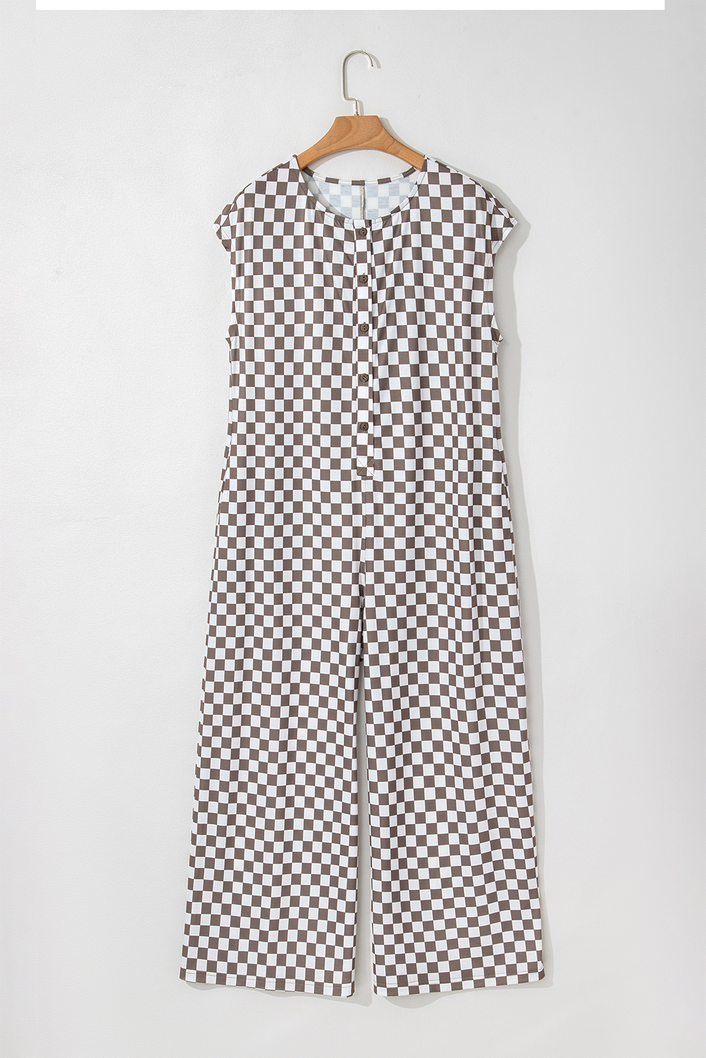 Chic Women's Khaki Checkered Print Buttoned Crew Neck Wide Leg Jumpsuit - Detail View 17 Chic Women's Khaki Checkered Print Buttoned Crew Neck Wide Leg Jumpsuit - Detail View 17