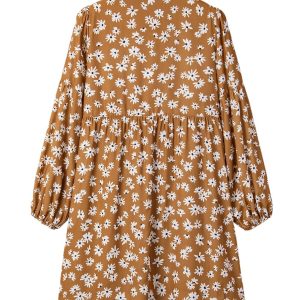 Women's Khaki Plus Size Floral Print V-Neck Puff Sleeve Dress for Daily Wear - Main View