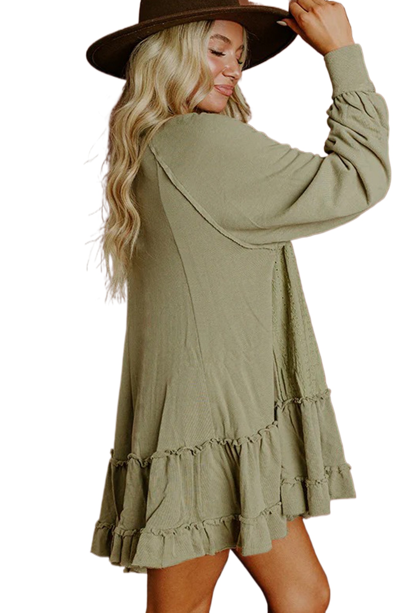 Women's Laurel Green Jacquard Mini Dress – Ruffled Long Sleeve for Spring Casual Outings - Main View Women's Laurel Green Jacquard Mini Dress – Ruffled Long Sleeve for Spring Casual Outings - Main View