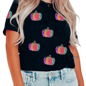 Women's Pumpkin Graphic T Shirt, Black Sequin Fall Casual Top - Main View