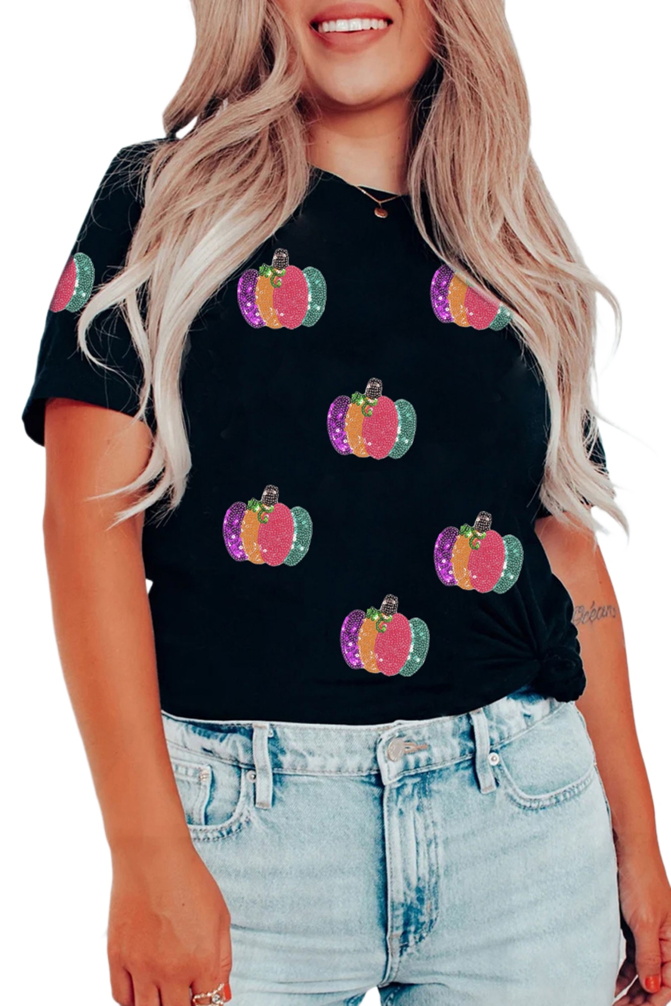 Women's Pumpkin Graphic T Shirt, Black Sequin Fall Casual Top - Main View Women's Pumpkin Graphic T Shirt, Black Sequin Fall Casual Top - Main View