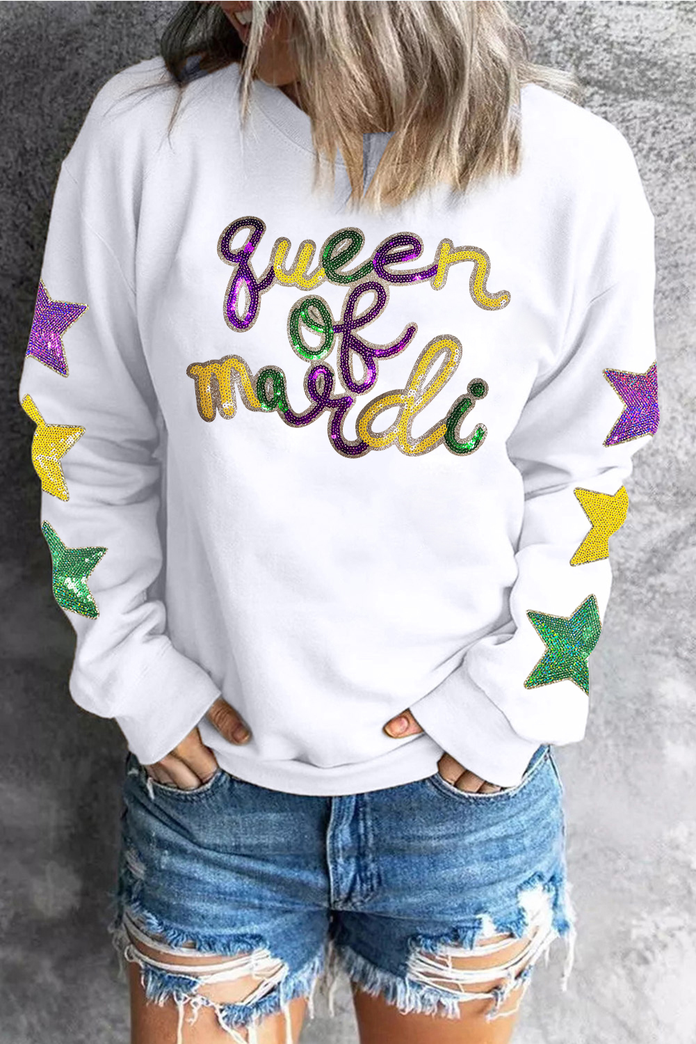 Women's Sweatshirt, White Pullover, Sequin Design, Queen of Party, Graphic Print, Star Sleeves, Casual Wear, Long Sleeve, Round Neck, Comfortable, Fall Fashion, Daily Wear, Trendy Style, Graphic Sweatshirts - Detail View 8 Women's Sweatshirt, White Pullover, Sequin Design, Queen of Party, Graphic Print, Star Sleeves, Casual Wear, Long Sleeve, Round Neck, Comfortable, Fall Fashion, Daily Wear, Trendy Style, Graphic Sweatshirts - Detail View 8