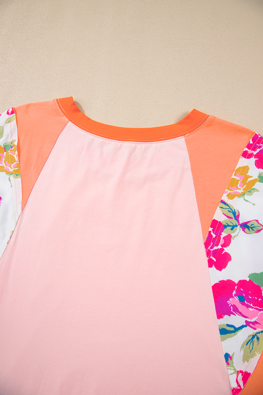 Plus Size Top, Women's Top, Orange Floral Print, Patchwork Design, Raglan Half Sleeve, Casual Wear, Comfortable Fit, Daily Style, Vibrant Colors, Relaxed Silhouette, Trendy Fashion, Summer Tops, Shift Style, Round Neck - Detail View 12 Plus Size Top, Women's Top, Orange Floral Print, Patchwork Design, Raglan Half Sleeve, Casual Wear, Comfortable Fit, Daily Style, Vibrant Colors, Relaxed Silhouette, Trendy Fashion, Summer Tops, Shift Style, Round Neck - Detail View 12