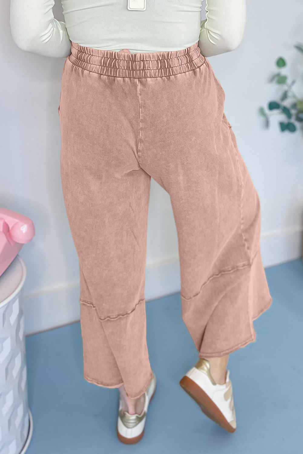 Women's Khaki Mineral Washed Terry Cropped Pants with Flower Applique – Western Inspired Wide Leg Style for Fall Outings - Detail View 2 Women's Khaki Mineral Washed Terry Cropped Pants with Flower Applique – Western Inspired Wide Leg Style for Fall Outings - Detail View 2