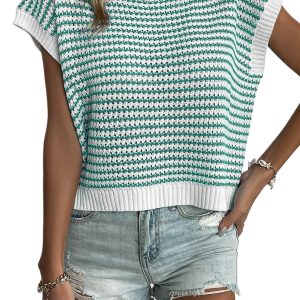 Women's Green Stripe Knitted Sweater Vest – Casual Summer Layering Essential - Main View