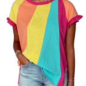 Women's Rose Red Color Block Ruffled Crew Neck Loose Fit T-Shirt - Casual Summer Top - Main View