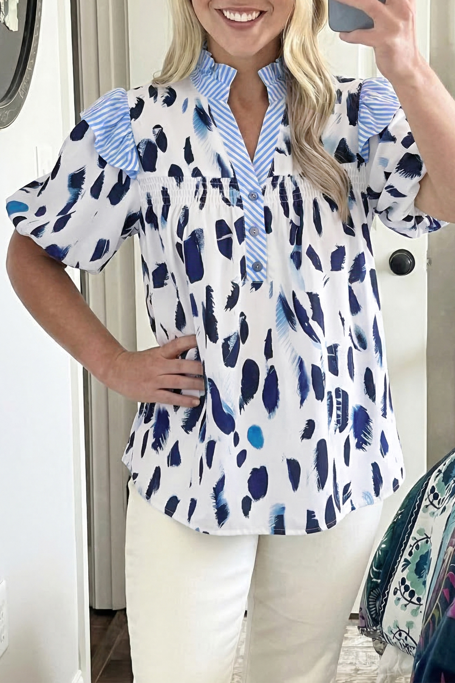 Chic Women's Shift Blouse with Contrast Striped Trim – Abstract Print Summer Top for Gifting - Detail View 3 Chic Women's Shift Blouse with Contrast Striped Trim – Abstract Print Summer Top for Gifting - Detail View 3