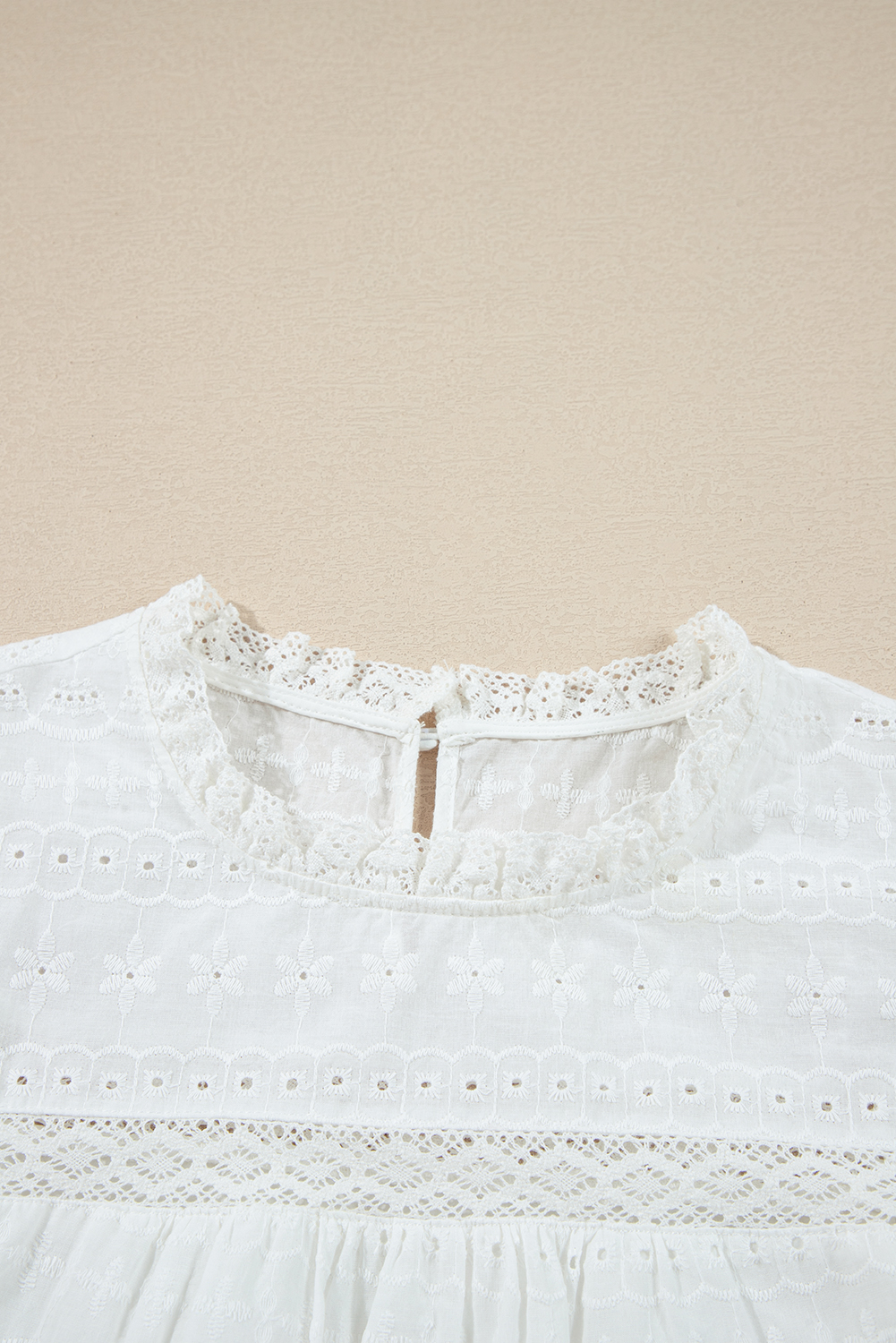 Women's White Lace Neckline Flutter Sleeve Blouse with Eyelet Details - Detail View 13 Women's White Lace Neckline Flutter Sleeve Blouse with Eyelet Details - Detail View 13