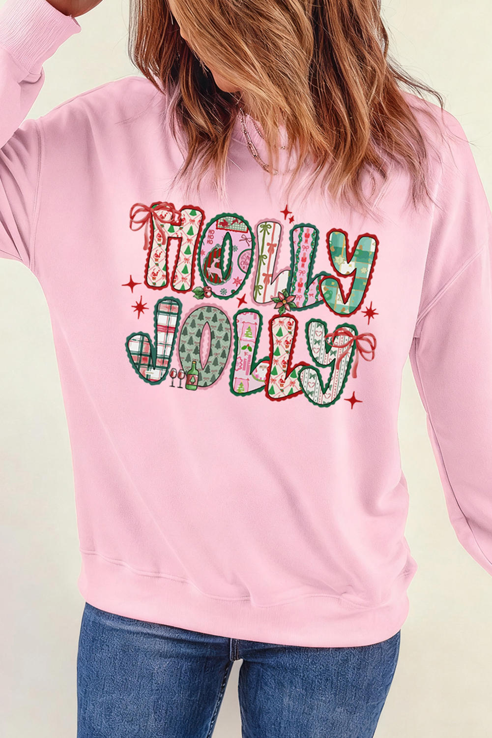 Festive Women's Round-Neck Sweatshirt in Pink – Holiday Graphic Design with Bow Accent for Everyday Holiday Style - Detail View 6 Festive Women's Round-Neck Sweatshirt in Pink – Holiday Graphic Design with Bow Accent for Everyday Holiday Style - Detail View 6