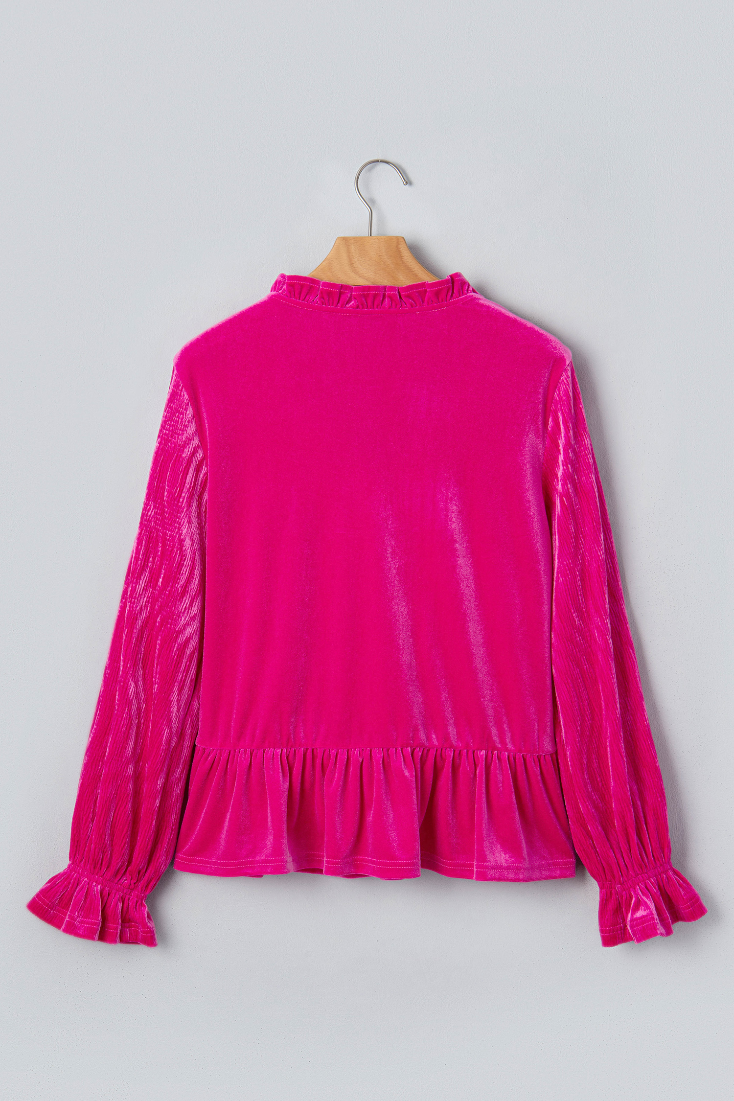 Soft Pink Velvet Long Sleeve Tee, Casual Ruffled Hem Blouse - Detail View 3 Soft Pink Velvet Long Sleeve Tee, Casual Ruffled Hem Blouse - Detail View 3